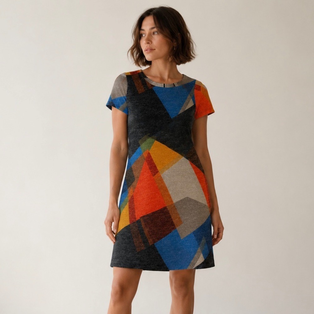 Gilli Geometric Abstract Shift Dress Small Multicolor Short Sleeve Mod Knit USA